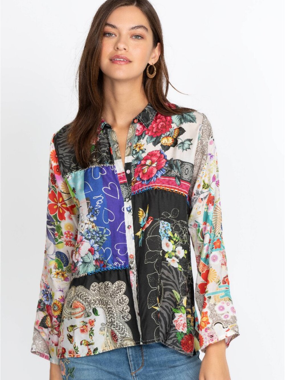 Johnny Was Zippy Julia Button Up Shirt in Patchwork Size XL